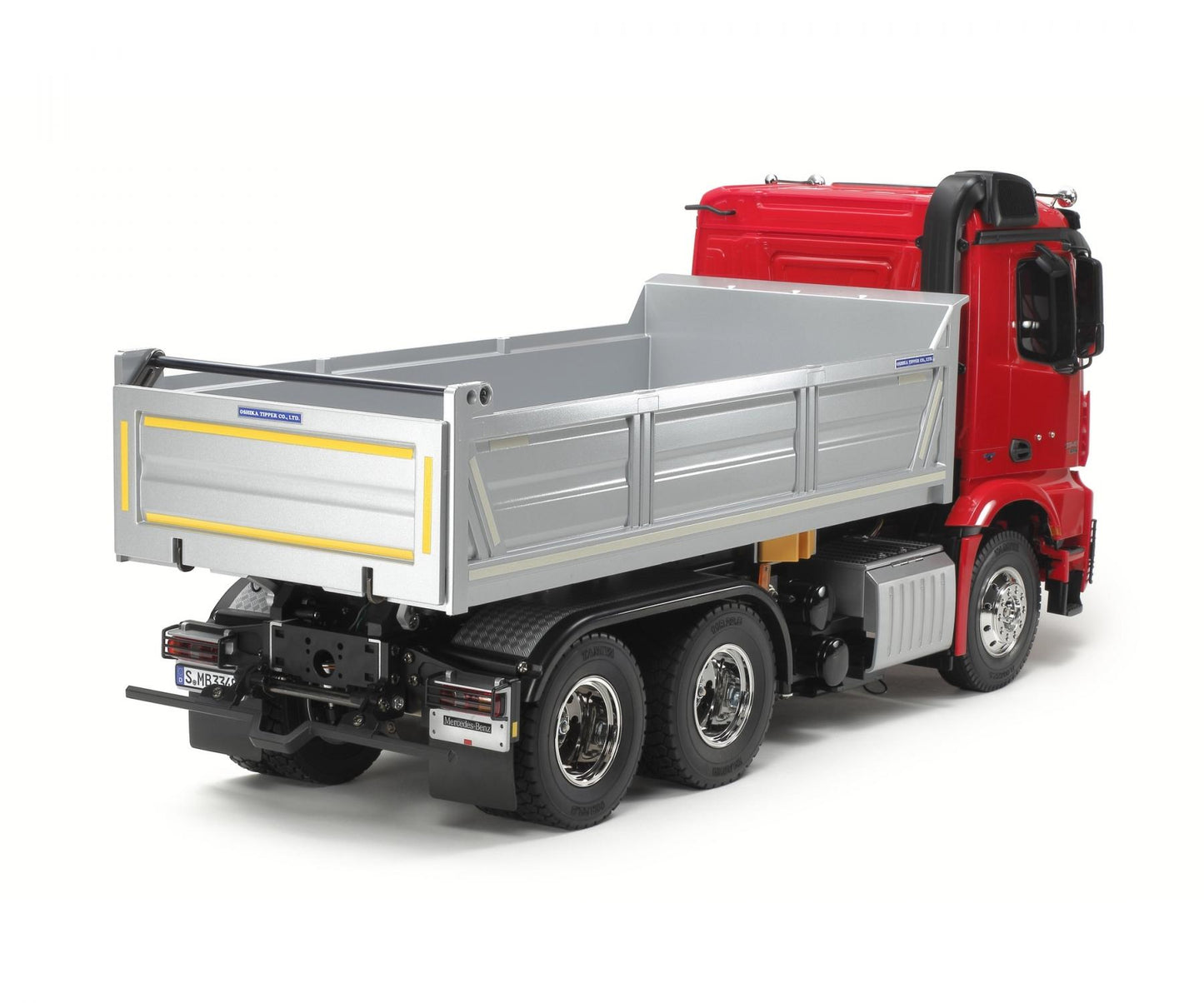 Mercedes-Benz Arocs 3348 Muldenkipper rot/silber, Tamiya Bausatz, 1:14