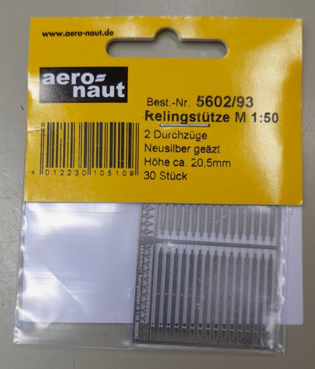 Relingstützen geätzt 2 Züge Höhe 20,5 mm, 32 Stück, 1:50, Durchzüge 0,5/0,8mm