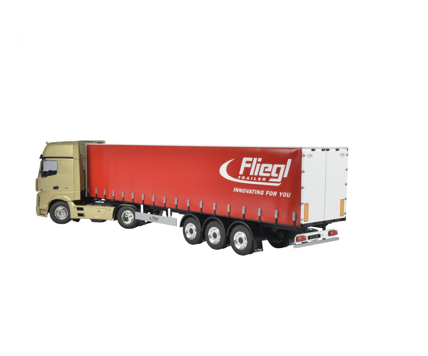 Sattelaufleger Fliegl Megarunner mit Plane (rot), 3-Achs, 1:14 Bausatz, Carson