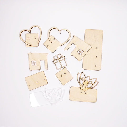 DIY-SET mit 2 x Herz, Haus, Yoga, Pakerl aus Holz und Yoga aus Acryl für Noch Figuren, Gutscheine oder ähnliches
